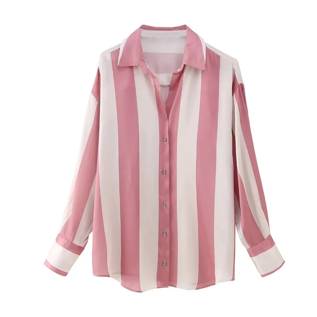 XS-L Women Spring New Fashion Striped Shirt Vintage Long Sleeve Button-up Female Shirts Tops