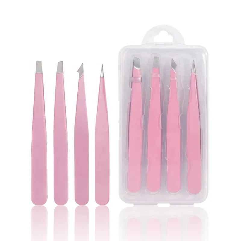 Customized Cosmetic Tweezer 2pcs  4pcs  Black Pink Slanted  Pointed Eyelash Eyebrow Tweezers Set With case