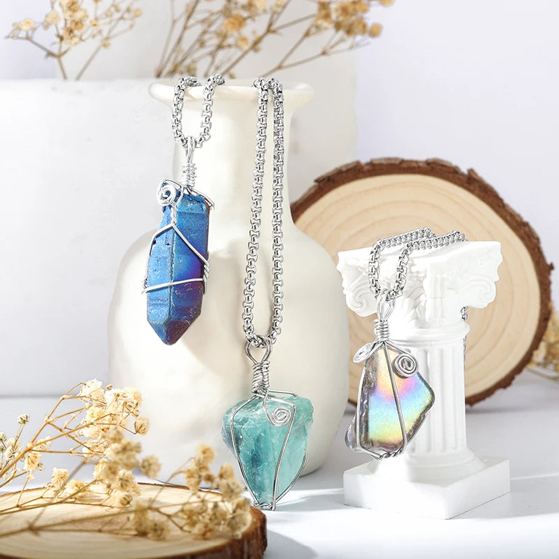 HOVANCI Healing Natural Stone Gemstone Jewelry Necklace Hexagonal Natural Quartz Crystal Raw Healing Stone Pendant Necklace