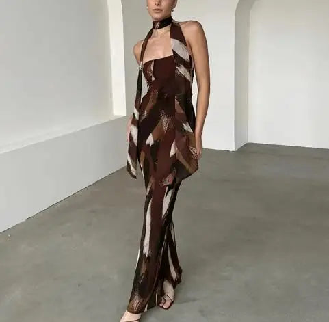 Enyami Romantic Elegant Chic Ladies Summer Printed Party Night Robes Backless Sleeveless Women Tube Dresses With Scarf