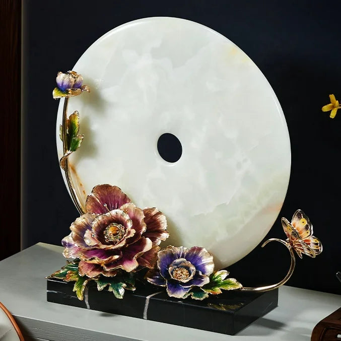 High-end New Chinese Style Lucky Ornament Vintage Enamel Colorful Flower Butterfly Decorative Jade Plate for Art Home Decoration