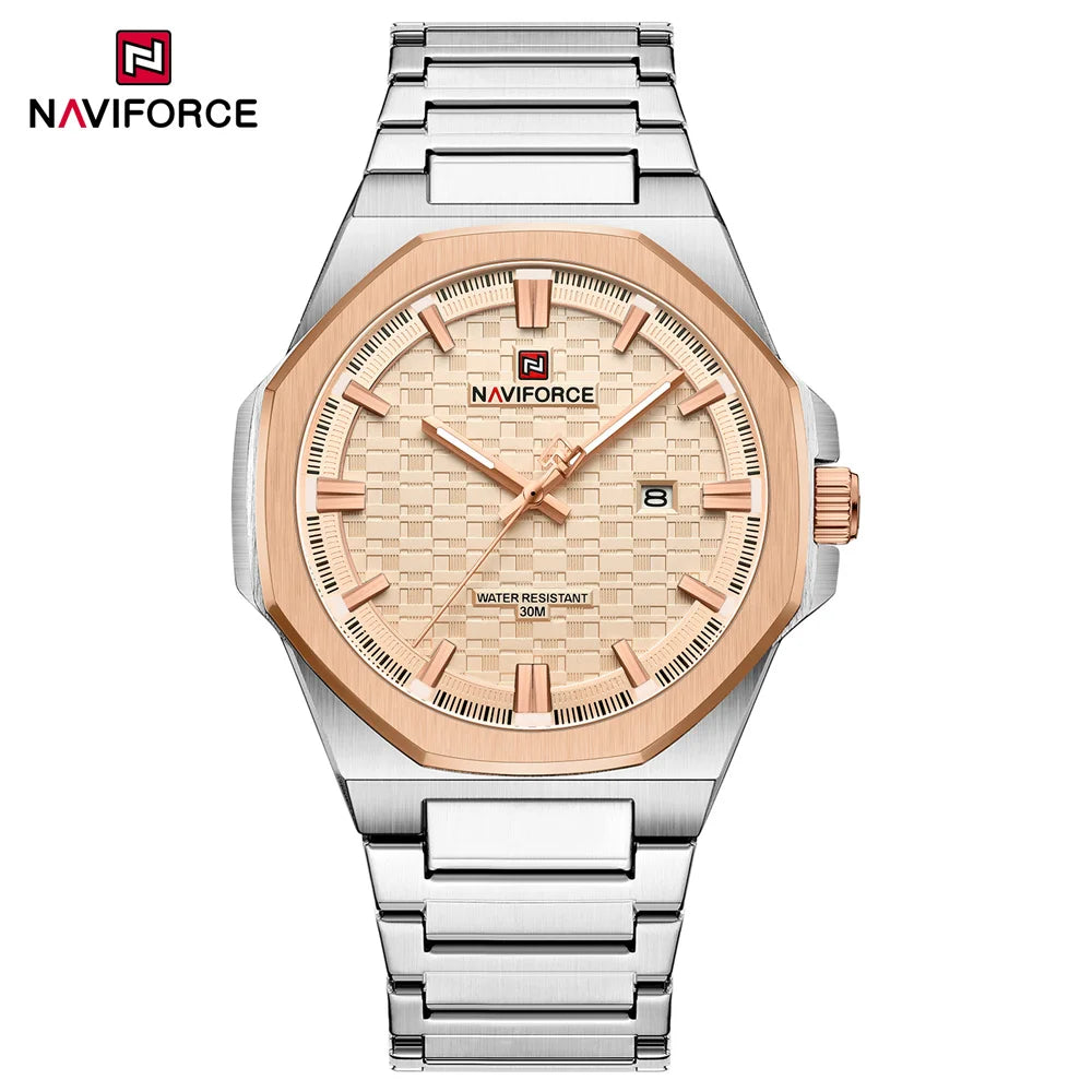 New NAVIFORCE 9245 Montre Pour Homme Luxury Quartz Watch Original Steel Band Polygon Zinc Alloy Case High End Reloj De Hombre