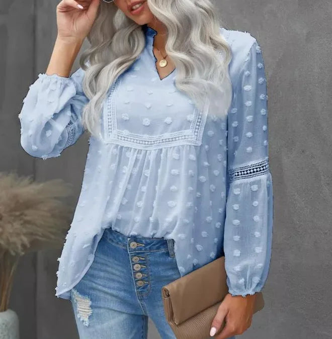 S-XXL Wholesale Women Ladies Off Shoulder Lace Hollow Out Puff Sleeve Polka Dot Chiffon Tops Shirts Blouse