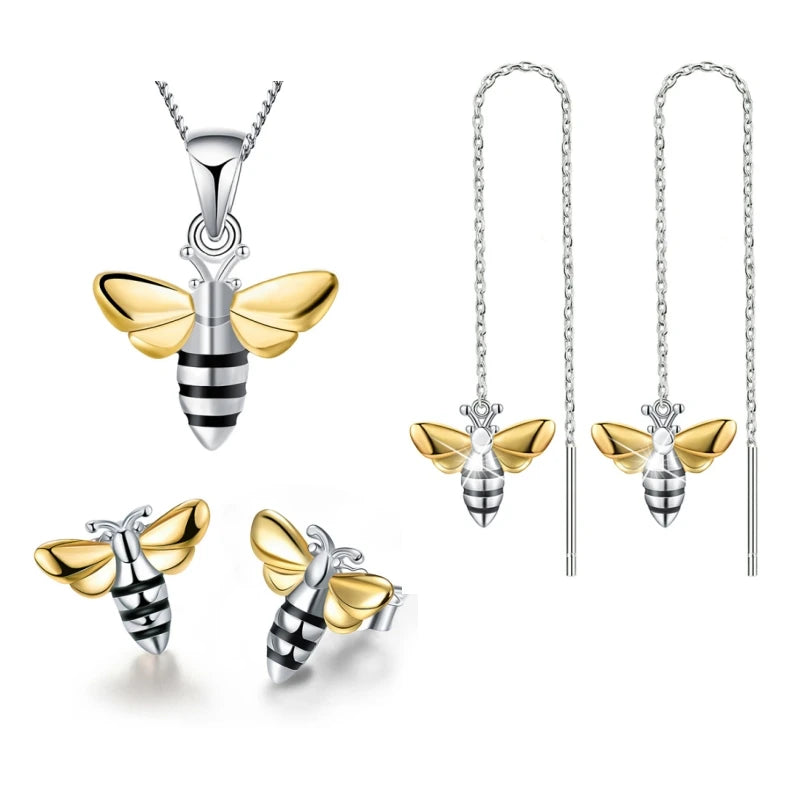 Fashion Jewelry Sets 18K Gold Plated 925 Silver Honey Bee Unique Design Pendants Necklace Rings Earrings for Women Wedding