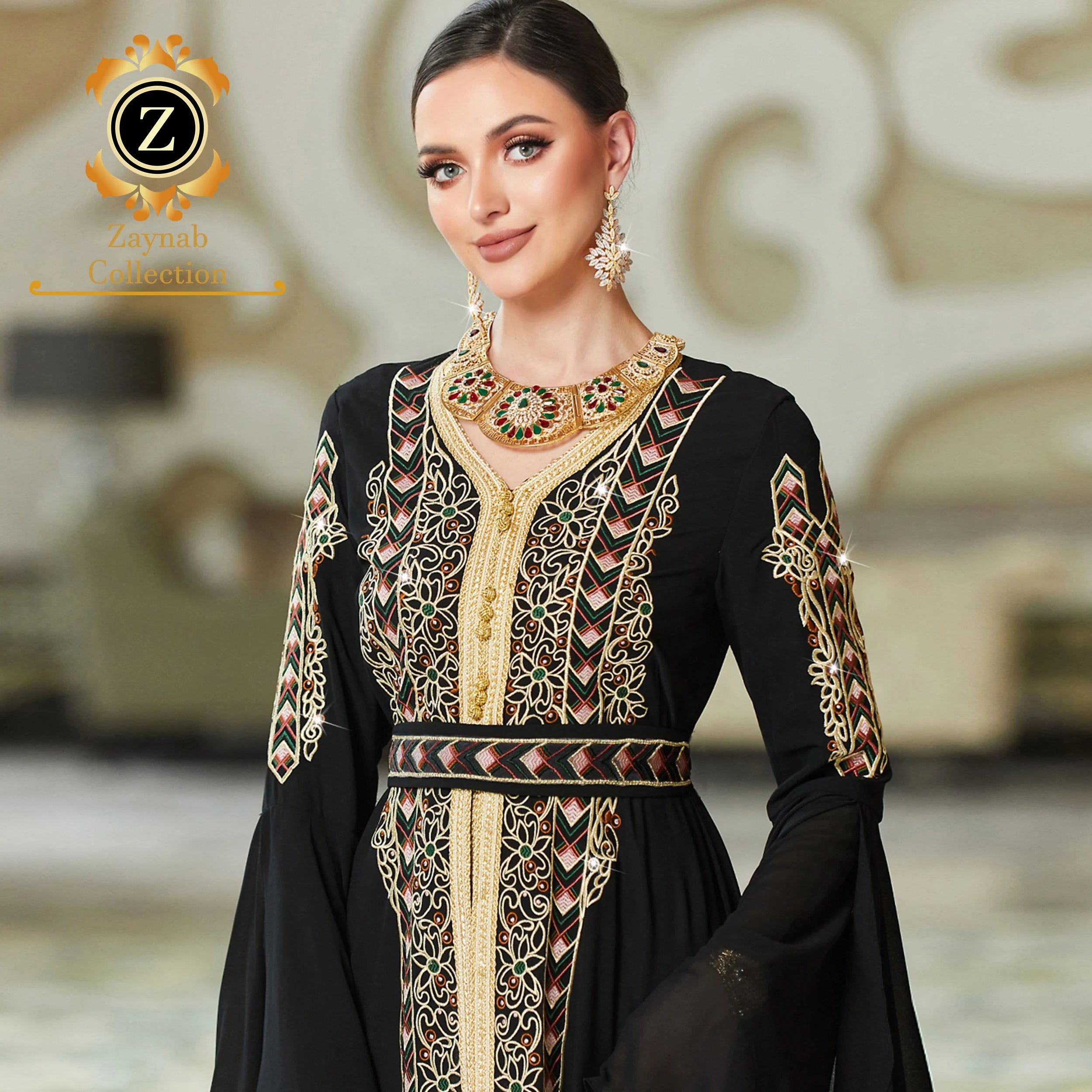 Zaynab Abaya Open Elegant Oman Abaya Black Gold Bale New Style Clothes Muslim Women Abaya