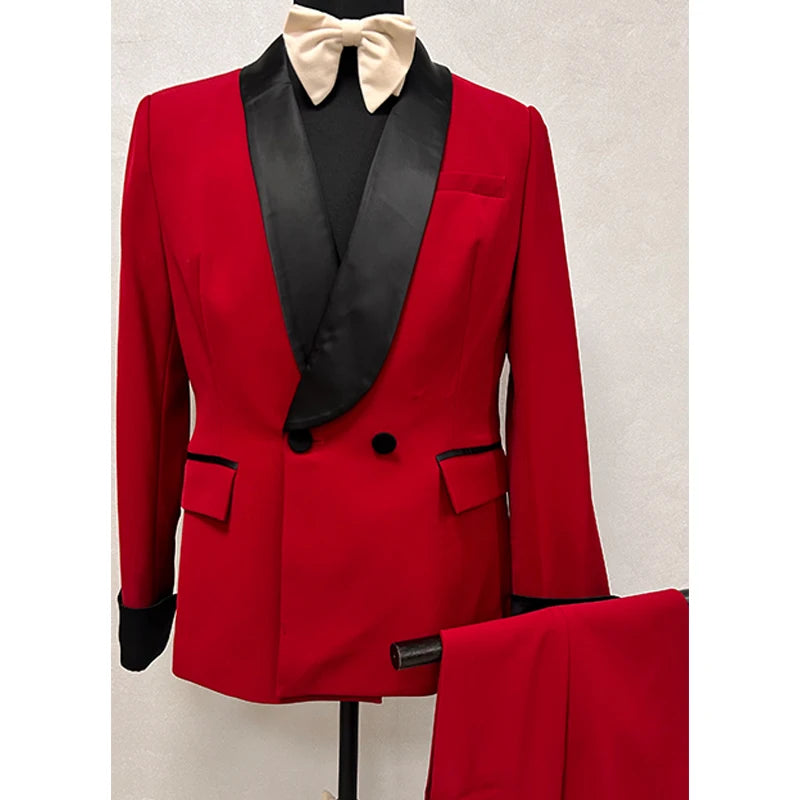 Business and Leisure Black V-neck Double Breasted Women' Office Suit Fashion Slim Ladies Red Formal Suits  Two Piece Set