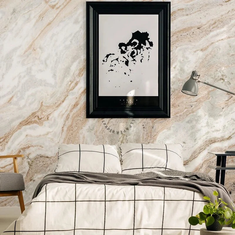 Natural Warm Beige Marble Wave Pattern Mural Adhesive Wallpaper Stickers for Home Decoration