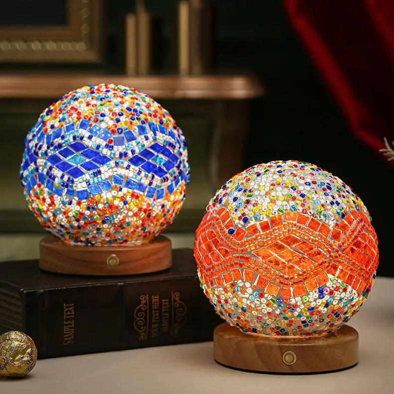 Newish Creative Bohemian Style Table Lamp Baroque Round Wooden Base 3 Color Home Decorative Mosaic Glass Night Light