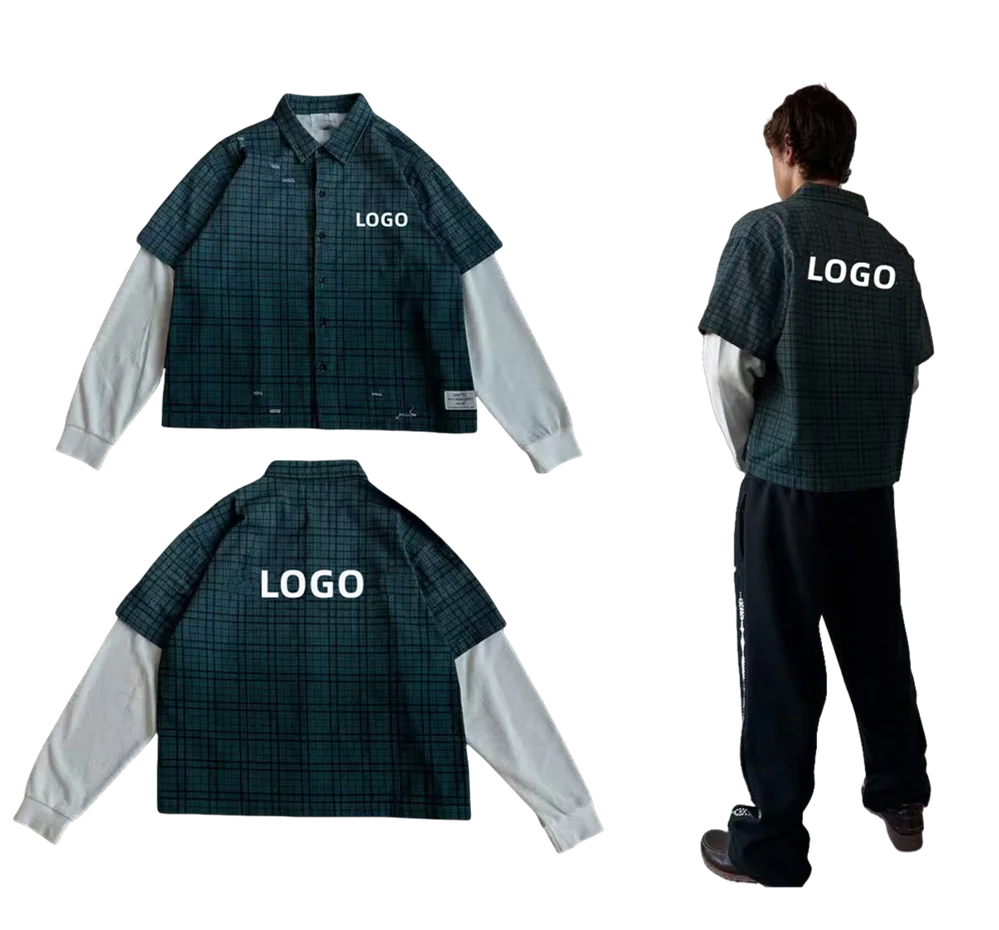 OEM Casual Oversize Button Down Collar Waffle Jersey Long Sleeve Flannel Plaid Check Pattern Cotton Shirts for Mens