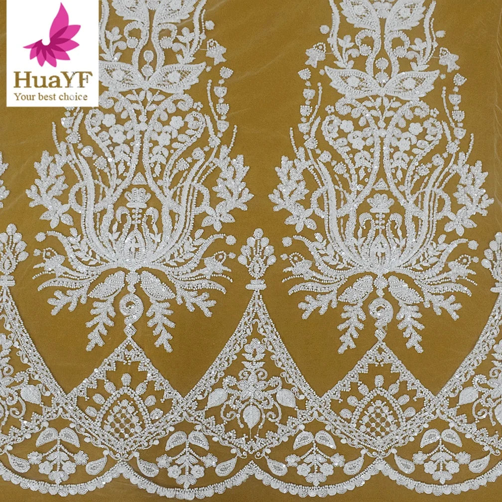 Hot Sale White Bridal Tulle Lace Beaded Shiny Sequins for Women Wedding Dress Fabrics HY2042