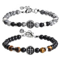 Natural Stone Beads Cross Bracelet Stainless Steel Clasp  Black Brown Beaded Bracelet Elastic Men's Bracelet Holiday Gift