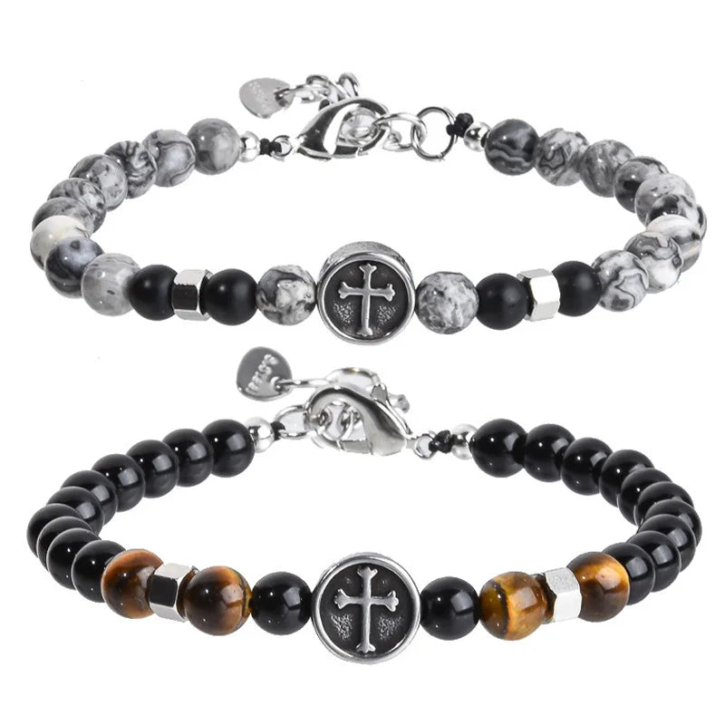 Natural Stone Beads Cross Bracelet Stainless Steel Clasp  Black Brown Beaded Bracelet Elastic Men's Bracelet Holiday Gift