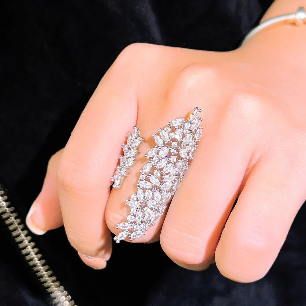 Shimmering White CZ Silver Plated Brass Cocktail Exaggerated Big Bold Adjustable Wedding Ring for Female Fashion Finger Jewelry MegaBDM