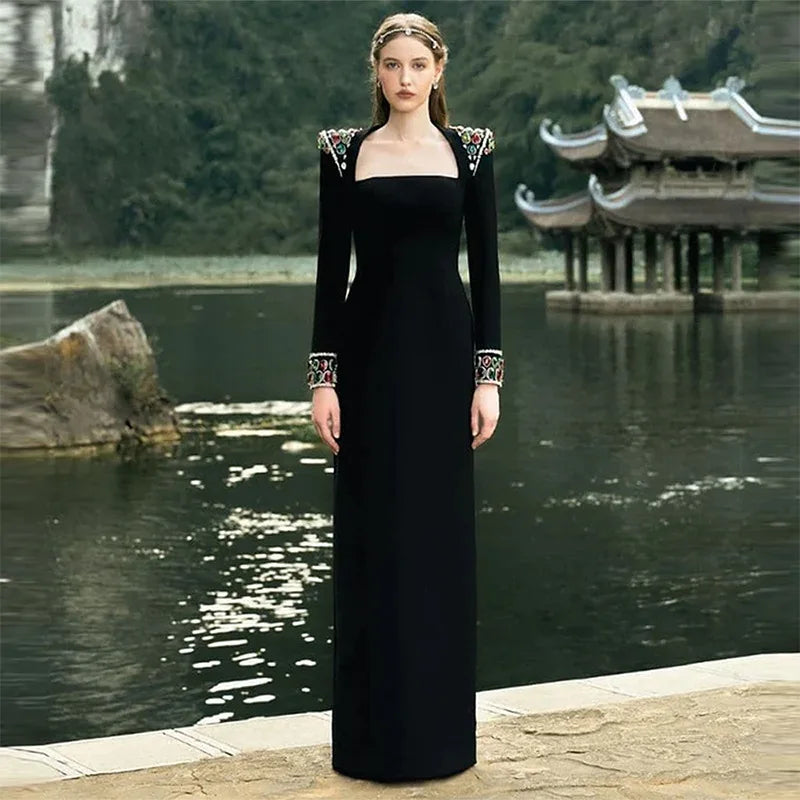 A9673 Elegant Styles Beaded Women Long Dress Black Plus Size Long Sleeves Ladies Winter Party Dress