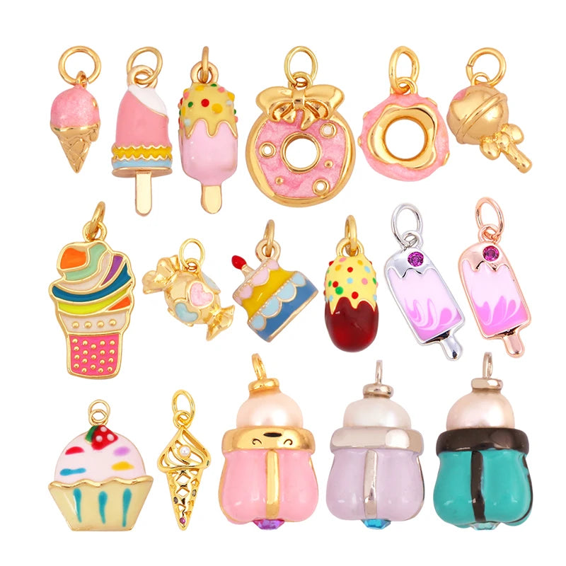 Sweet Cake Doughnut Candies Ice Cream Cone Charm PendantReal 18K Gold Plated Jewelry Necklace Bracelet Making Supplies K62
