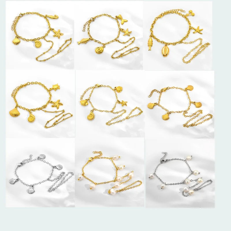 JUSNOVA Custom DIY Hand Chain with Shell Stainless Steel Chain Ocean Accessory Trendy Style for Women