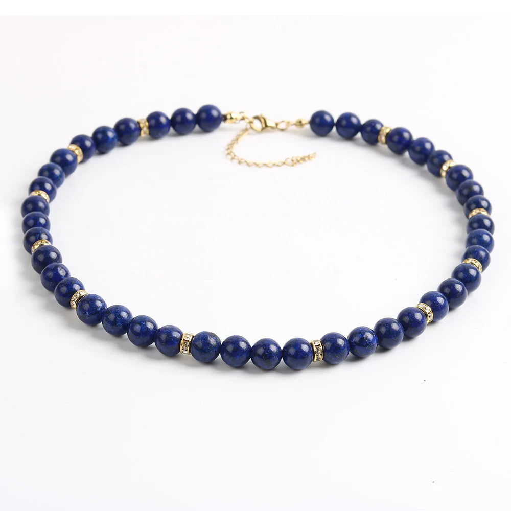 Women Fashion Gold Trendy 8mm Lapis Beads Gemstone Choker Necklace Jewelry