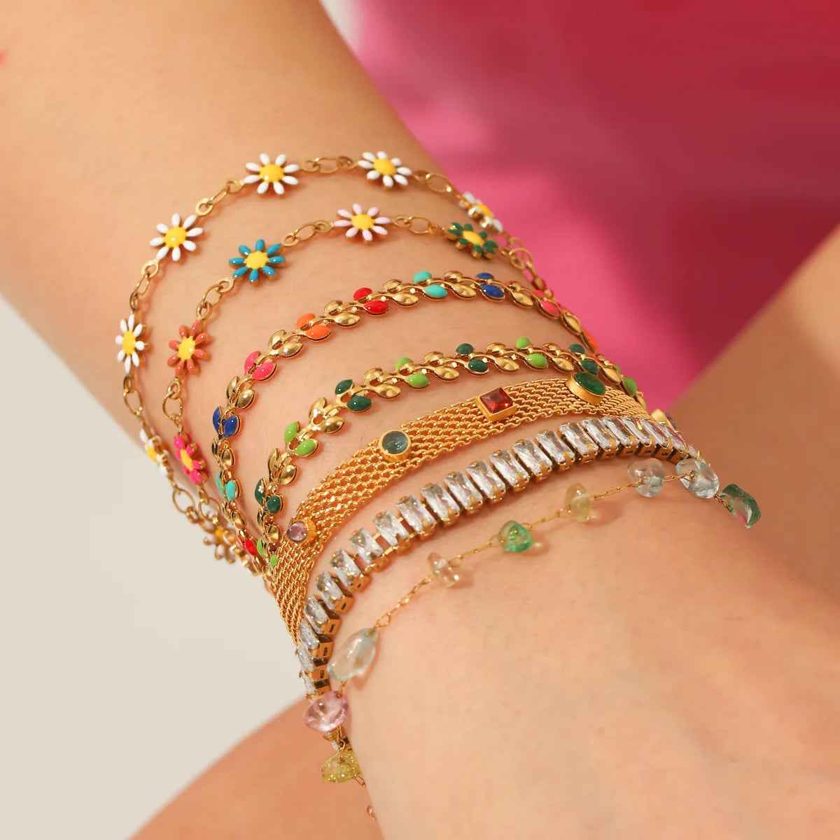 Bohemian Style Jewelry 18K Gold Plated Colored Drip Oil Flower Leaf Zircon Stainless Steel Bracelet Set
