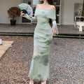 Enyami New Retro Elegant Slim-Fit Women's Off-Shoulder Dress Vintage Floral Hip Printing Bodycon Style Modern Casual Dress