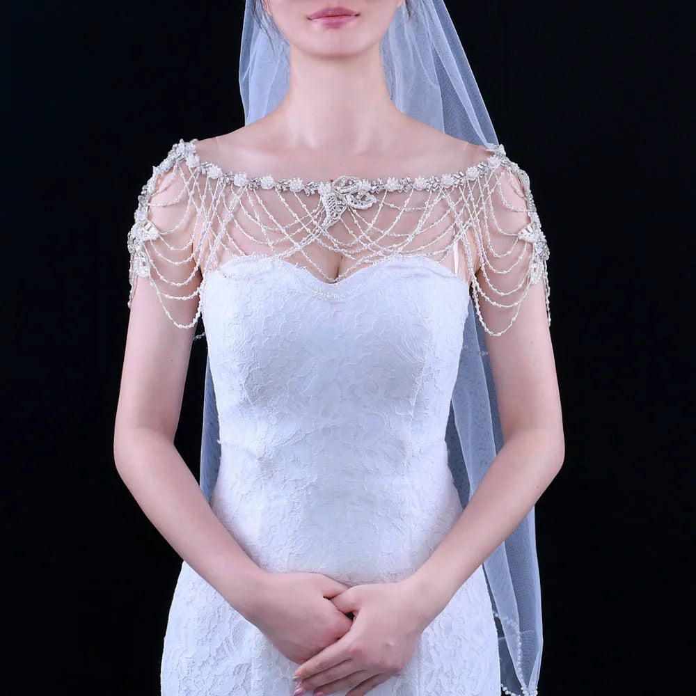 For Jachon Hand Beaded Crystal Shawl for Children's Wedding Dresses Tassel Tube Top Cover with Meat Shoulder Chain