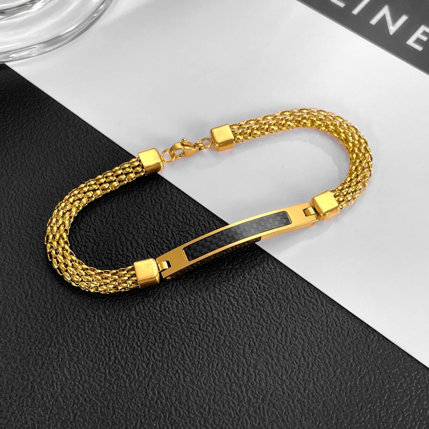 Wholesale Men's Punk Jewelry Fashion 18K Gold Plated Waterproof Stainless Steel Men Carbon Fiber Bar Inlay Mens Bracelets