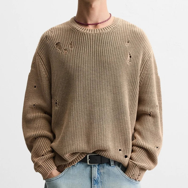 Custom Logo High Street Vintage Acid Wash Men's Crewneck Sweater Loose Hole Jumper for Europe United States Distressed Sweater