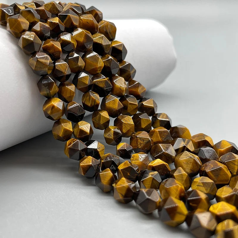 Fashion Beads for Jewelry Making Natural Faceted Brown Tiger Eye Diamond Cutting Gemstone Beads 15.5"