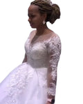 Guangzhou Auyan Retro Lace Wedding Dress with Detachable Mermaid Train Long Sleeved Skin Color Mesh Decorated Flowers Crystals