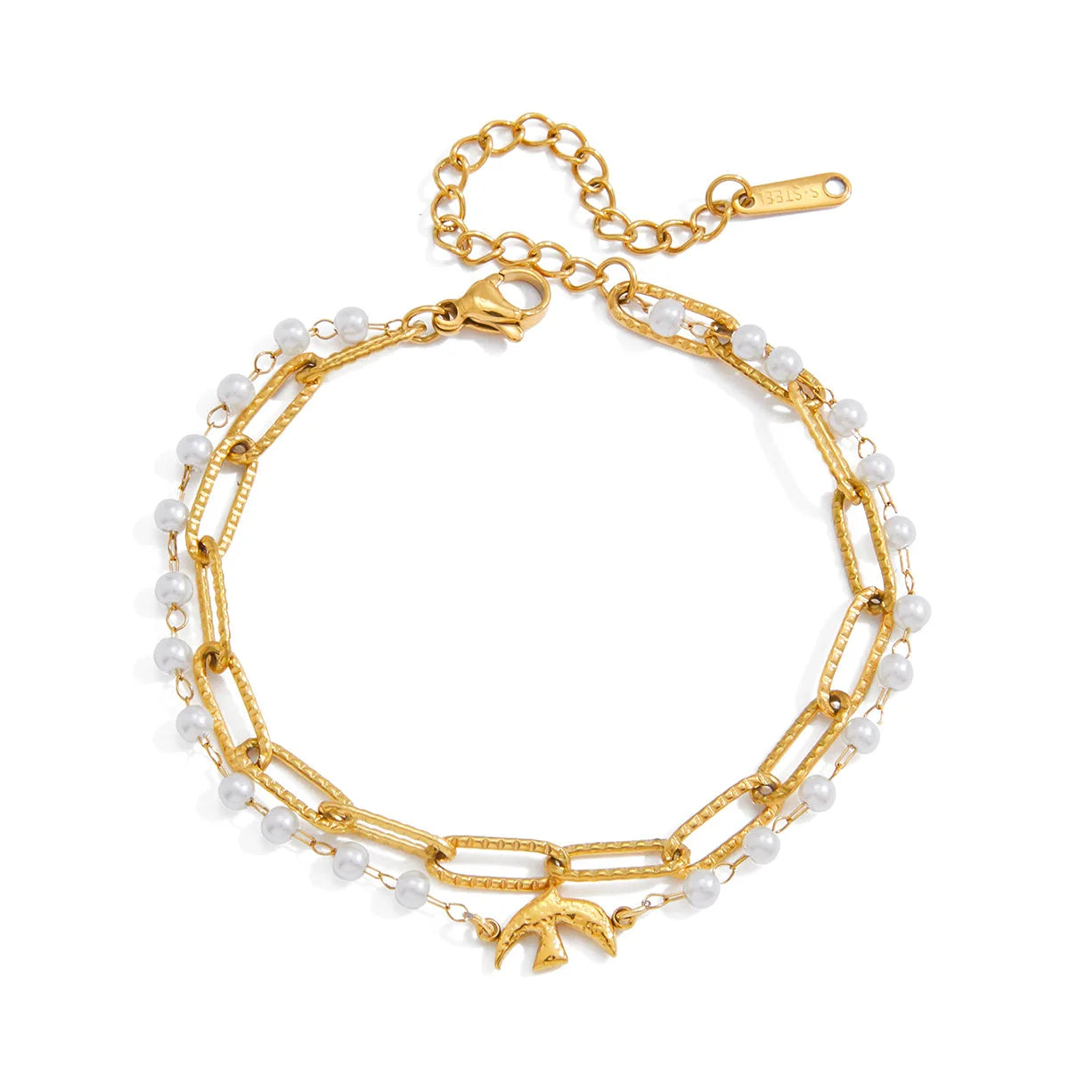 Luxury Electroplated 18K Gold Stainless Steel Bird Shape Pearl Chain Link Women's Bracelet