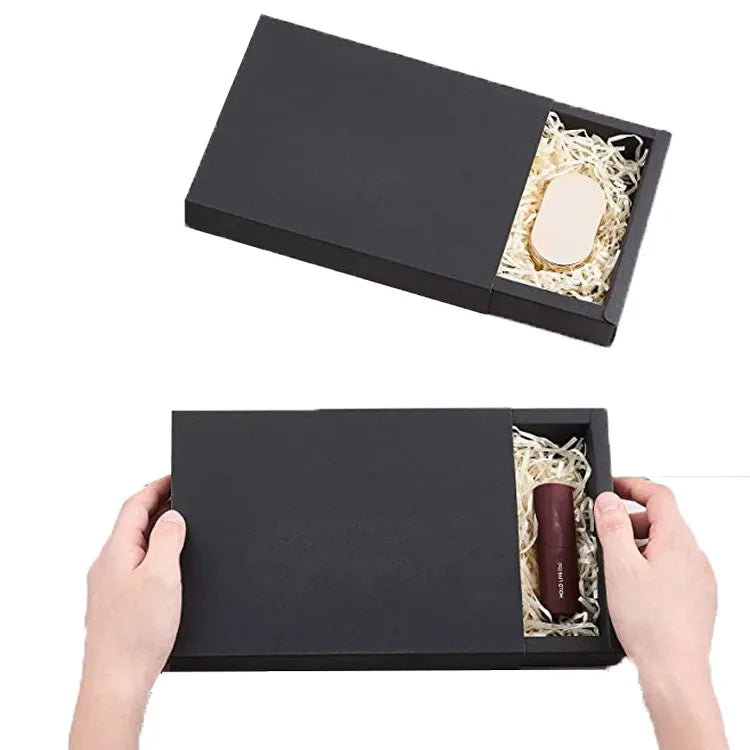 Wholesale Black Recyclable Kraft Paper Sliding Cosmetics Drawer Box with Embossing Matt Lamination for Gift & Craft Packaging