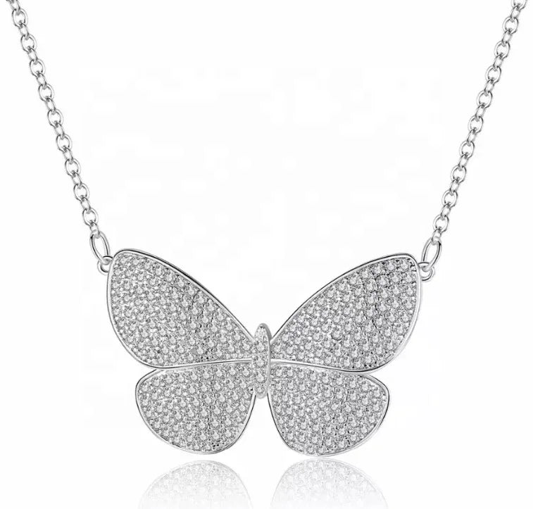 925 Sterling Silver Jewelry Wholesale Fashion Full Pave Cubic Zirconia Large Butterfly Pendant Necklace