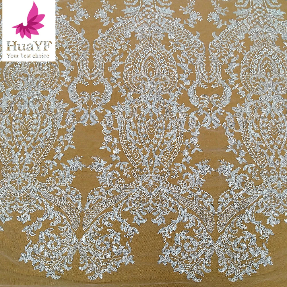 HY2950 New Heavy Work French 3d Beaded Pearls White Lace Luxury Sparkle Wedding Bridal Dress for 5 Yards