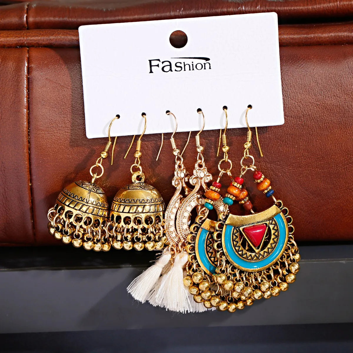 3Pcs/set Vintage Gold Bells Alloy Bollywood Oxidized Earrings for Women Ethnic Pearl Tassel Jhumka Dangle Earrings