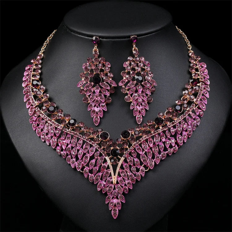 Wholesale Exaggerated Retro Design Banquet Dress Accessories Leaf Shape Rhinestone Necklace Earring Set