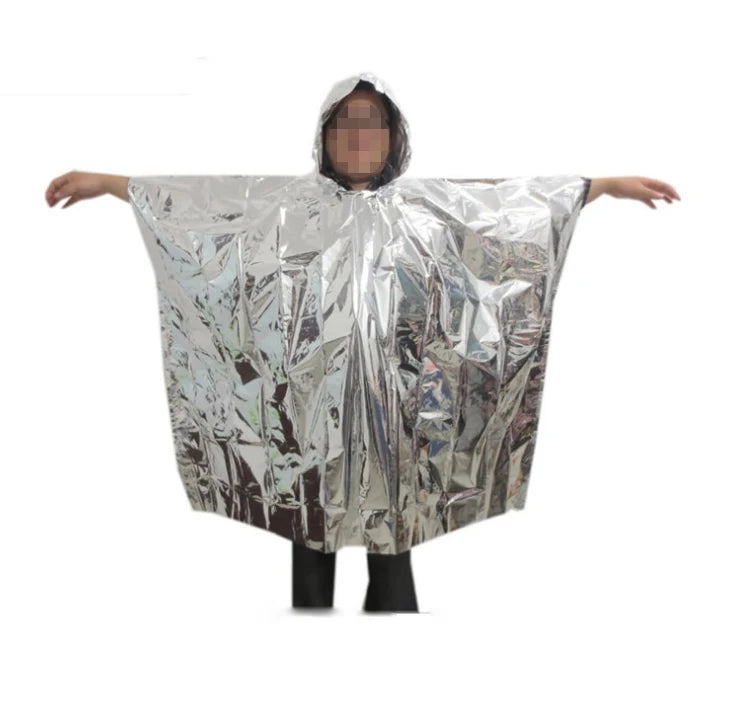 One Size Fits All  Foil Mylar Thermal Emergency Disposable Waterproof Survival Poncho Solid Adult Hooded Raincoat for Outdoor