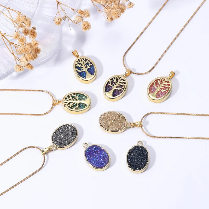 HOVANCI Simple Fashion Natural Stones Necklace Drop Oval Crystal Stainless Steel Family Tree Necklace