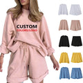 Quality Custom Logo Autumn Casual Hooded Indoor Outdoor Knit Cropped Hoodie Sweatshirt Shorts Set for Women