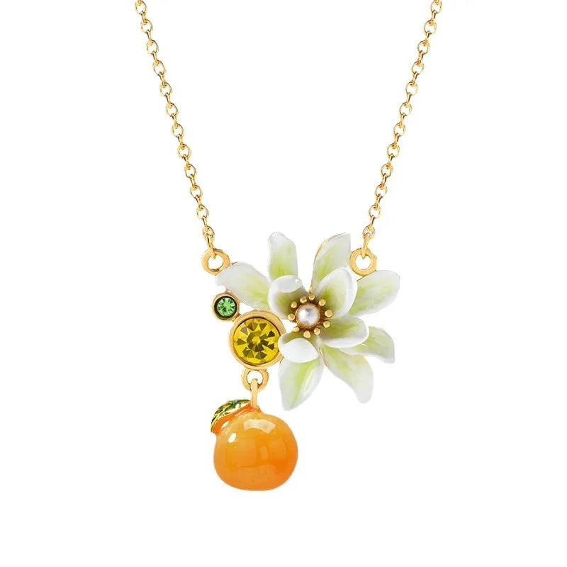 New New Copper Plated Real Gold Gardenia Enamel Fruit Flower Sweet  Collarbone Chain Set for Women Female