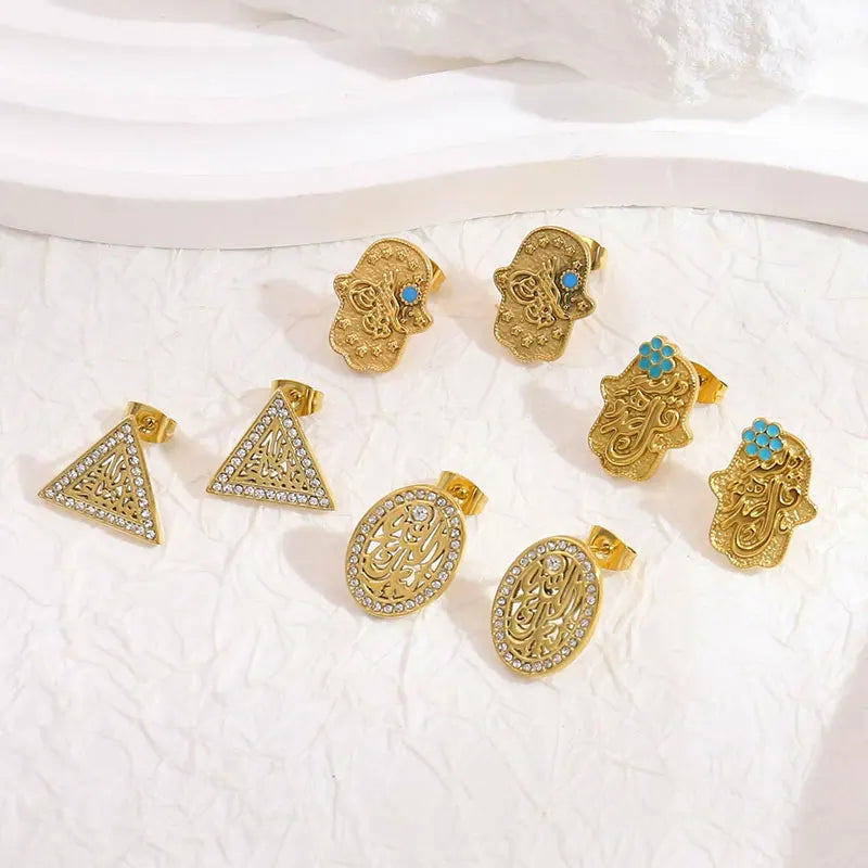 18K Gold Plated Hamsa Hand Design Stainless Steel Stud Earrings Praying Hand Snake Triangle Leaf Stud Earrings for Women