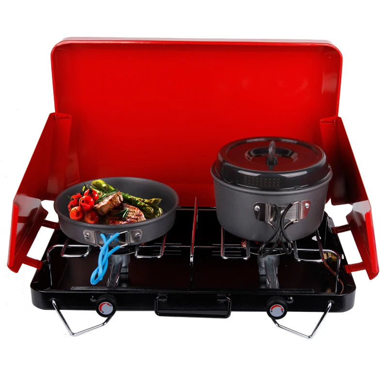 New Design Stainless Steel Outdoor Portable Grill 2-Burner Multi-functional Family Cookout Grill Gas Range for Camping Traveling
