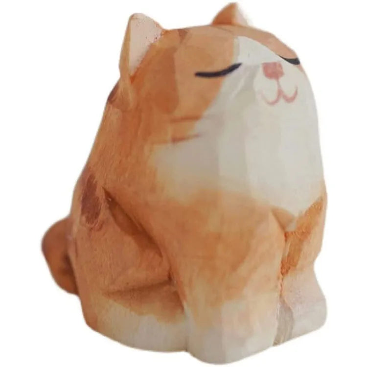 Wooden Lovely Little Carved Cat Hand Painting Orange Kitten Statue Animal Collectible Sculpture
