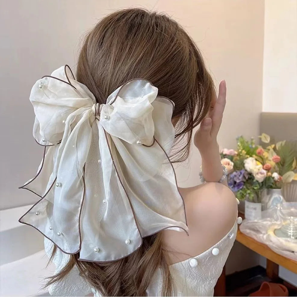2023 New Arrival Large Bow Hair Clip Decoration Lace Ribbon with Pearl Elegant Women Girls Spring Clip Hair Accessories