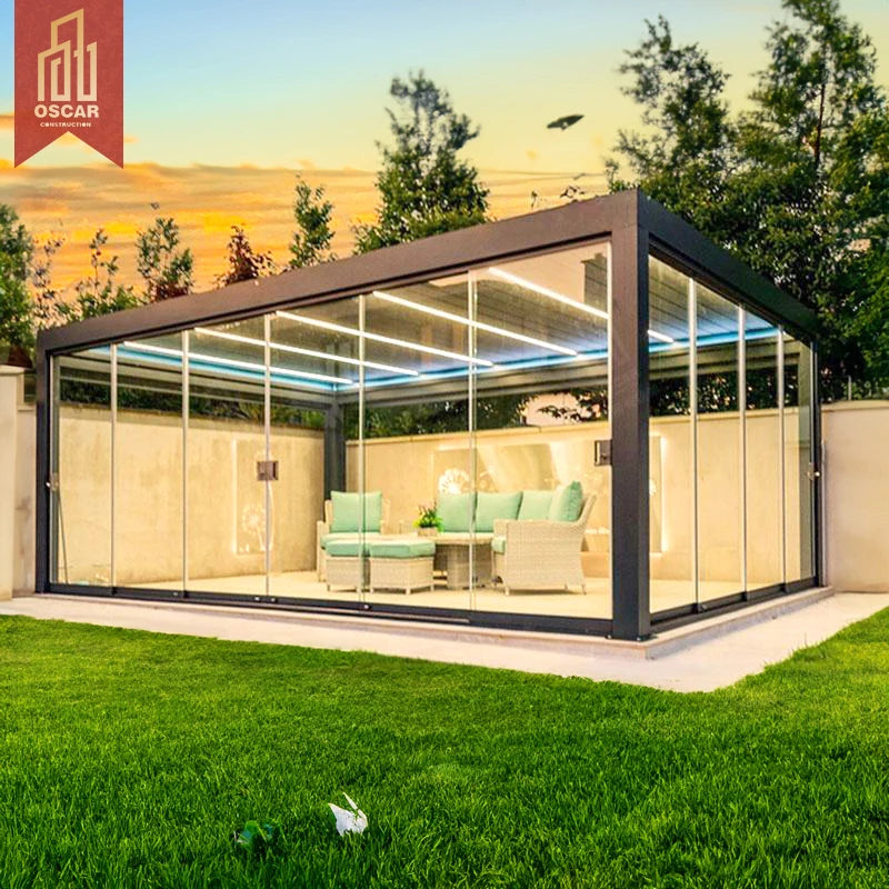 Bioclimatic Greenhouse Modern Automated Waterproof Aluminum Glass Smart Patio Gazebos Outdoor Retractable Kits Louvered Pergolas