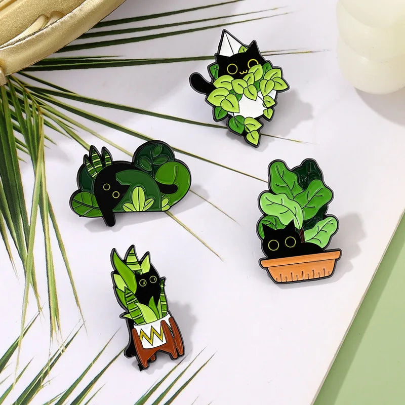 Wholesale Black Cat Brooch Custom Cat in Green Potted Plant Cute Fun Metal Cartoon Lapel Badge Soft Enamel Pin Bag Accessories