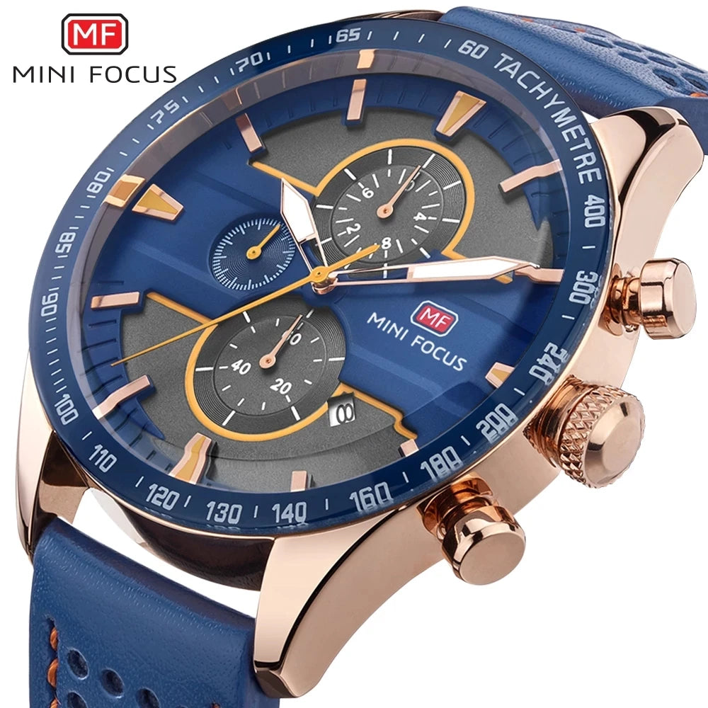 MINI FOCUS 0002 Royal Business Quartz Watch Men Leather Strap 3 Sub-dial 6 Hands Chronograph Mens Watches Top New Luxury Gift