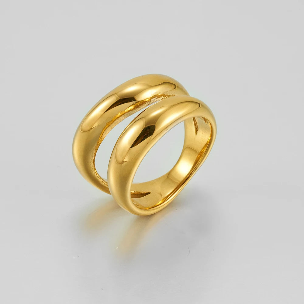 Latest 18K Gold Plated Stainless Steel Jewelry PVD Waterproof Irregular Double Cambered Band Ring for Women Ring R244438
