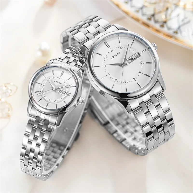 SINOBI Mens Luxury Fashion Couple Quartz Watches Stainless Steel Strap Complete Calendar Water Resistant MIYOTA Movement Custom MegaBDM