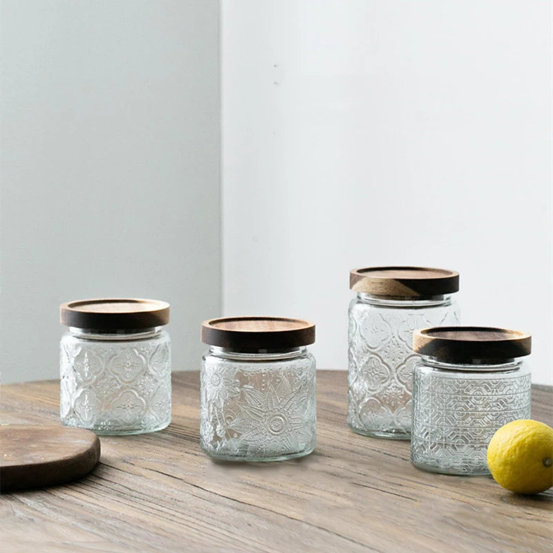 Whole Sale Household Retro Vintage Old Fashioned  Relief  Bamboo Lid Storage Jar Transparent Glass sealed Tea Candy Snack  Jar