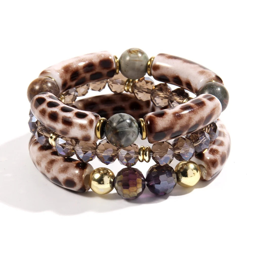 Bohemian Jewelry 10mm Natural Stone Crystal Glass Punk Acryl Pipe Elastic Leopard Bracelet 3pc Stretch Stack Bracelet Set