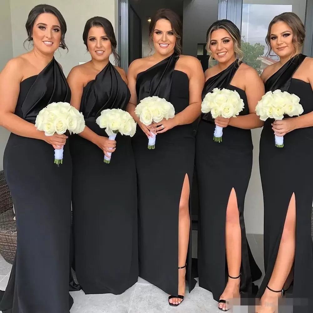 One Shoulder Floor Length Side Slit Mermaid Plus Size Wedding Maid of Honor Modest Black Bridesmaid Dresses MB94